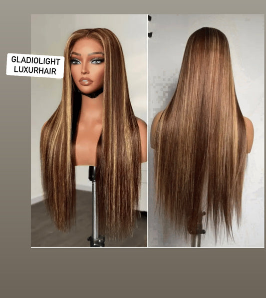 STRAIGHT BLONDE HIGHLIGHT SILKY GLUELESS CLOSURE WIG 5X5 HD LACE